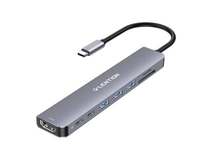 Lention 8v1 Hub USB-C na 3x USB 3.0 + SD/TF + PD + USB-C + HDMI 4K60Hz (sivá)