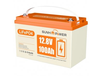 SUNHOOPOWER 12V 100Ah LiFePO4 Battery, 1280Wh Energy, Built-in 100A BMS, Max.1280W Load Power, Max. 100A Charge/Discharge, IP68 Waterproof