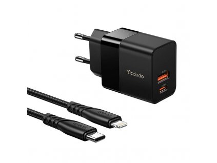 Mcdodo CH-1952 USB + USB-C nástenná nabíjačka, 20 W + kábel USB-C na Lightning (čierna)