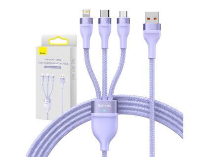 Kábel USB 3v1 Baseus Flash II Series, USB-C + micro USB + Lightning, 66 W, 1,2 m (fialový)