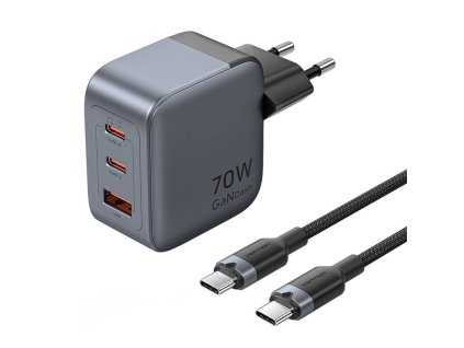 GaN Vention USB-C+C+A 70W nabíjačka + USB-C kábel 1m (sivá)