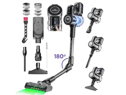 Yanhama H3 Cordless Vacuum Cleaner, 38kPa/550W Powerful Suction, 60min Max Runtime, 180° Swivel Handle, Green LED Light, for Hard Floors/Carpets/Pet Hair - Black