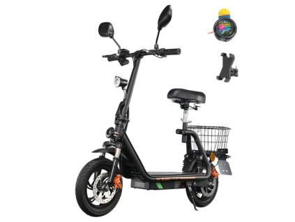 TWOFISH M5 PRO-E EEC Certified Electric Scooter with Seat and Rear Basket, 500W Motor, 48V 13Ah Battery, 12 inch Tires, 40km/h Max Speed, 30km Range, Dual Disc Brakes, Front & Rear Shock Absorbers - Black