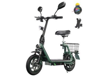 TWOFISH M5 PRO-E EEC Certified Electric Scooter with Seat and Rear Basket, 500W Motor, 48V 13Ah Battery, 12 inch Tires, 40km/h Max Speed, 30km Range, Dual Disc Brakes, Front & Rear Shock Absorbers - Green