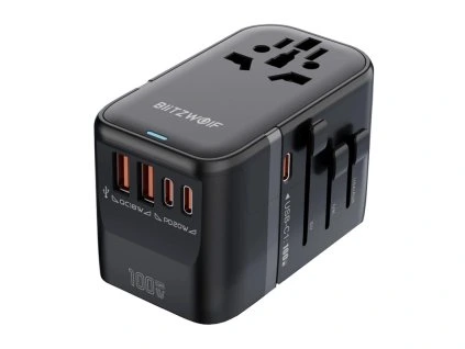 Blitzwolf BW-TA2 cestovný adaptér 5 v 1 2xUSB PD + 2xC QC + C GaN 100W