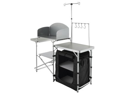 Skladací kempingový kuchynský stôl s jednou skrinkou a veterným štítom