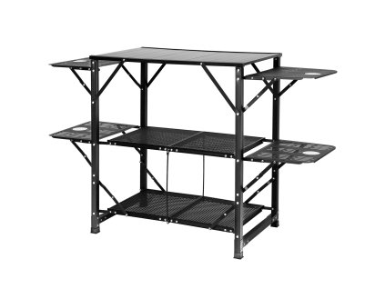 Stôl na varenie do kempu, hliník, skladací, 4 stolíky, 2 police, taška