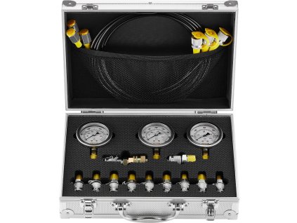 Hydraulický test set 250/400/600 bar, 3 manometre, 11 spojok, 3 hadice