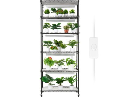 Stojan na rastliny so svetlom, 6 políc, 192W nastaviteľný, s kolieskami