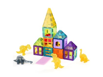 Magnetické stavebné kocky 56 ks s 4 dinosaurami, vzdelávací set 3+
