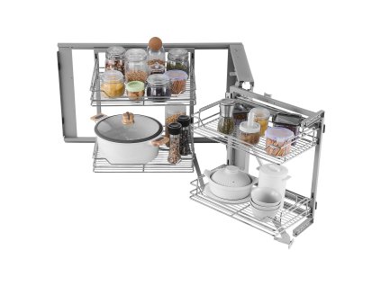 Výsuvný rohový organizér 18"W, 4 police, chrómová oceľ, ľavé/pravé