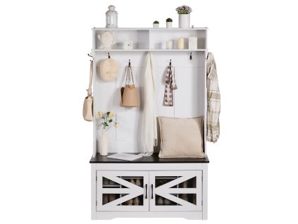 Vešiaková stena drevená s lavicou, 7 háčikov, police, USB, biela