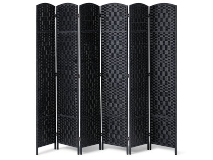 Skladací 6-panelový paraván, ručne tkaný, prenosný, čierny, s pántmi