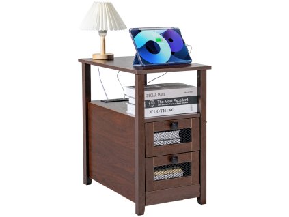 Nočný stolík úzky 4 police, skrinka, s usb, 2 zásuvky, hnedý