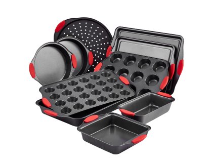 Sada 10 plechov na pečenie, uhlíková oceľ, nepriľnavé, silikónové rúčky