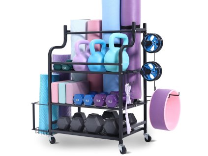 Stojan na jógové podložky, oceľový, práškový náter, háčiky a kolieska