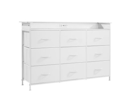 Komoda s 9 zásuvkami, textilné koše, kovový rám, led a zásuvka, biela