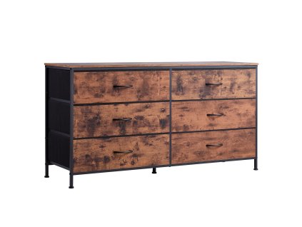 Komoda so 6 zásuvkami, vysoká textilná, kovový rám, rustikálna hnedá