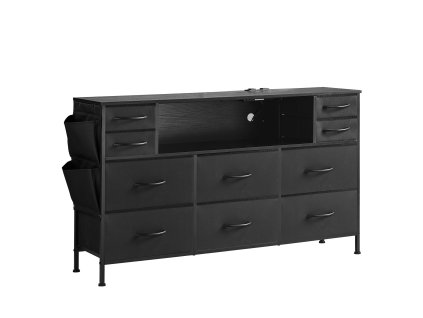 Komoda s 10 látkovými zásuvkami, otvorená polica, led, zásuvka, čierna