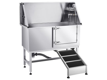 Nerezová kúpeľňa pre psov 127 cm, nájazd, sprcha, filter, pravé dvere