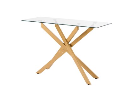 Sklenený stolík obdĺžnikový s kaleným sklom a železnými krížmi, zlatý