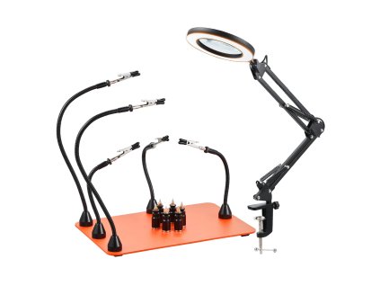 Pomocná stanica na spájkovanie s 3× led lupou, 5 ramien, 6 pcb držiakmi