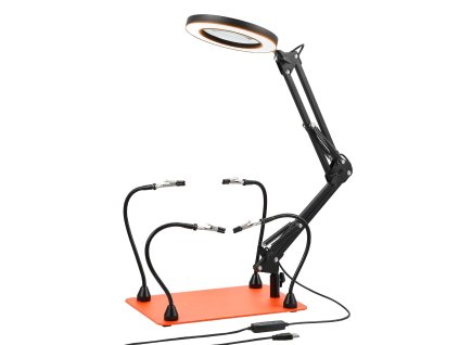 Pomocný držiak na spájkovanie, 4 ramená, 3× LED lupa, protišmyk