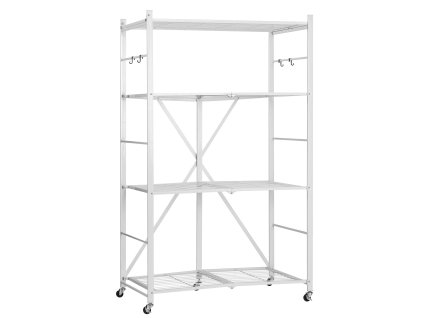 Skladací regál 4 police 36×21×60 inch, 5 koliesok, 4 háčiky, biely
