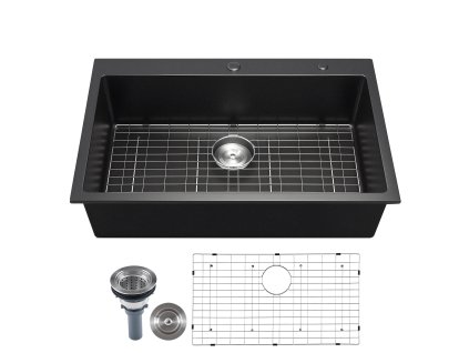 Kuchynský drez so stanicou 84 cm, na montáž, jednokomorový, čierny