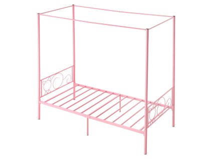 Kovová twin posteľ s 4 stĺpmi, úložný priestor, lamely, ružová