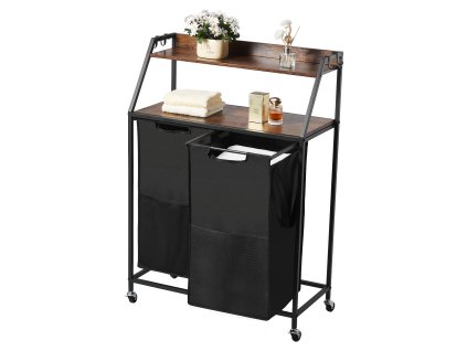 Dvojkomorový kôš na prádlo, kovový rám, drevená doska, 600D vrecká