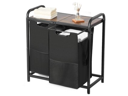 Kôš na prádlo s 2 sekciami, kovový rám, drevená doska, 600D vrecká