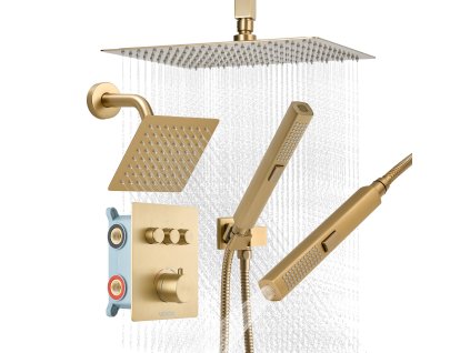 Sprchový systém termostatický 305×152 mm, 2v1 ručná, brúsené zlato
