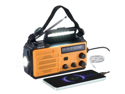 Núdzové rádio 8000mAh, FM/AM/WB/NOAA, solárne, kľučka, USB-C
