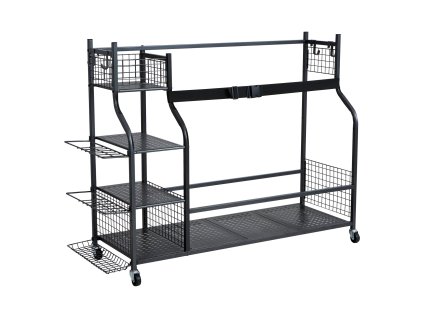 Stojan na 3 golfové vaky, oceľový, na kolieskach, s košíkmi a háčikmi