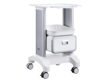 Laboratórny vozík 1 zásuvka 1 podnos ABS 4 tiché kolieska biely