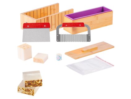 Sada na mydlo: bambusová krabička, silikónová forma a nerez rezače