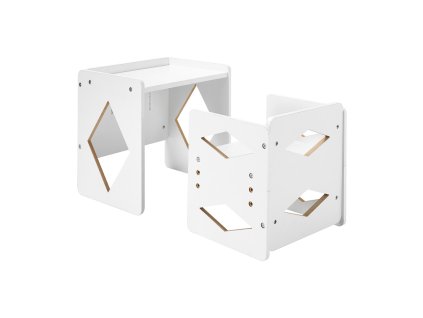 Montessori stôl a stolička z dreva, nastaviteľná výška, 1–5 r, biela