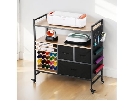 Pojazdný stolík s úložným organizérom, 20 držiakov na vinyl, 3 zásuvky