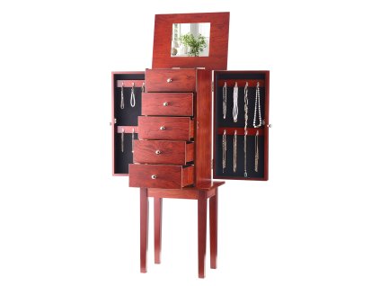 Stojacia drevená šperkovnica 4 zásuvky zrkadlo, 2 dvierka s 16 háčikmi