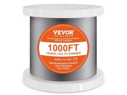 Nerezové lanko 1/8" 1000 ft 316 7×7 1600 lbs s rezačom a rukavicami