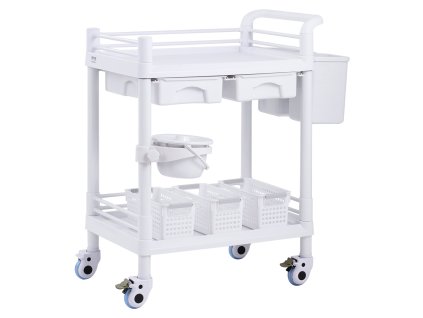 Laboratórny vozík 2 police, 2 zásuvky, 4 kolieska, 3 koše, biely