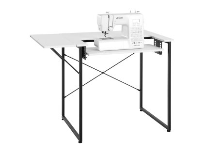 Stôl na šitie s nastaviteľnou policou, sklápacou bočnicou, biely