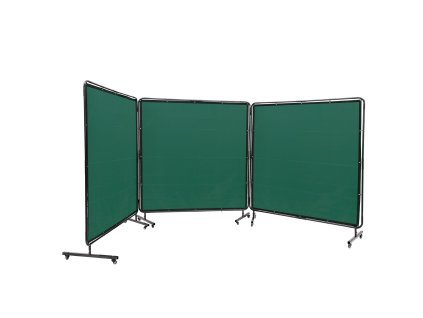 Zvárací paraván 182.9×182.9 cm, 3 panely, nehorľavý vinyl, 12 kolies