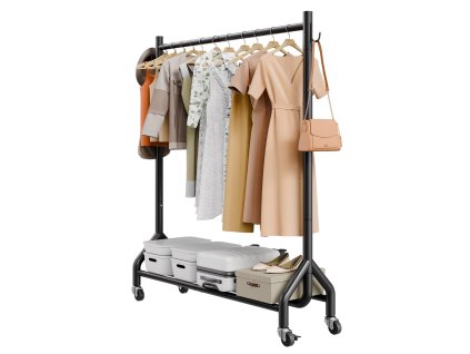 Stojan na oblečenie s tyčou a kolieskami, nosnosť 90 kg, bočné háčiky