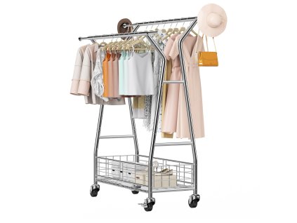 Pojazdný stojan na oblečenie s 2 tyčami, košíkom, nosnosť 150 kg