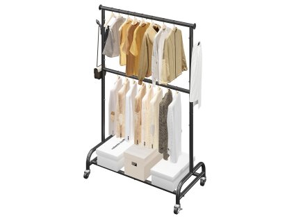 Stojan na oblečenie s nastaviteľným priečnikom, háčiky 68 kg, kolieska