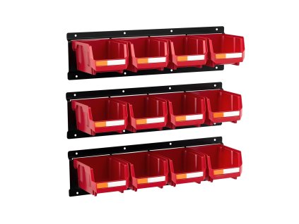 Stenový organizér plastových zásobníkov 12 ks s 3 kovovými lištami