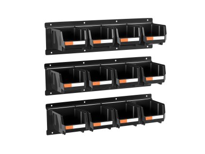 Nástenný zásobník na diely 12 plastových boxov, 3 kové lišty