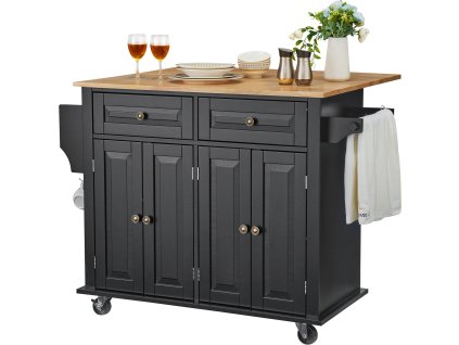 Kuchynský vozík na kolieskach 43" drevený vrch, so skrinkou, čierny